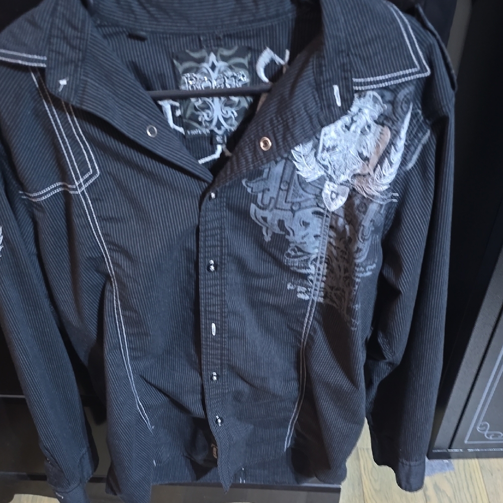 LG Black Casual Button Down Shirt with White Embroidery - Picture 1 of 4